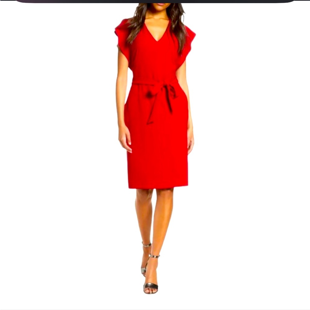 Karen Millen Dress - Vibrant Orange/Red  Fitted Flutter Sleeve